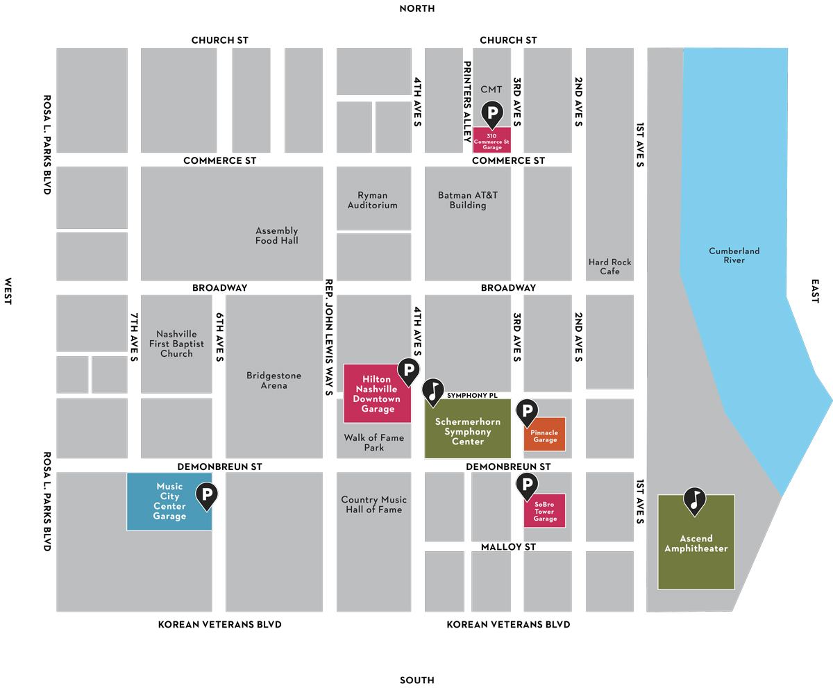 Map of the parking options around the Schermerhorn Symphony Center and Ascend Amphitheater